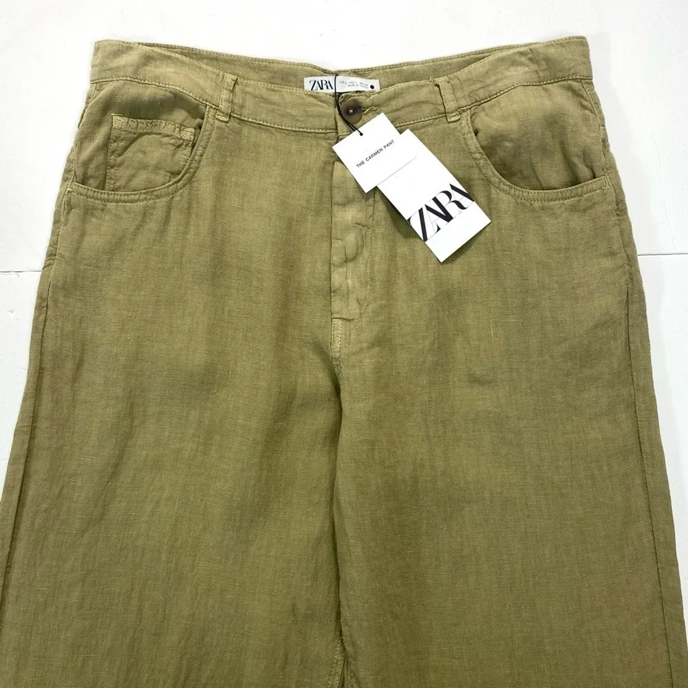 ZARA 100% Linen High Rise Wide Leg Pants in Khaki Size L New with Tags